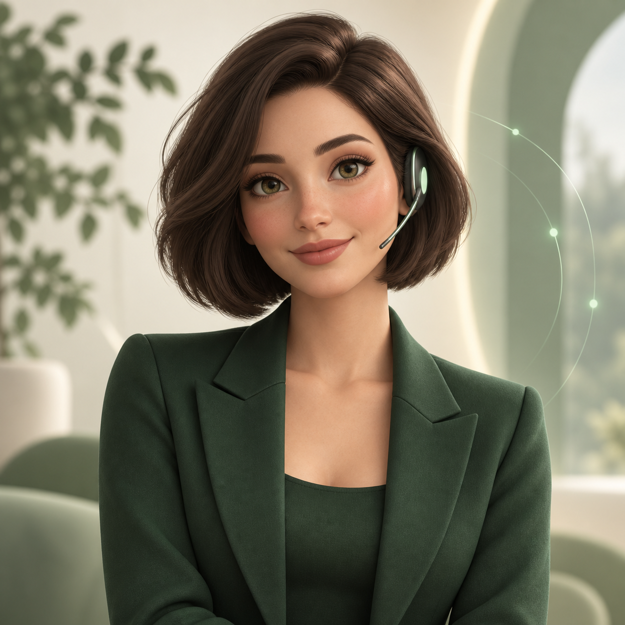 Illustration de Lia, agente digitale au visage chaleureux avec un casque discret